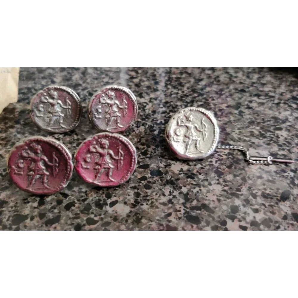 2 Pair Artemis Archer Tetradrachm Greek Coin Vintage Cuff Links + Tie Tack!